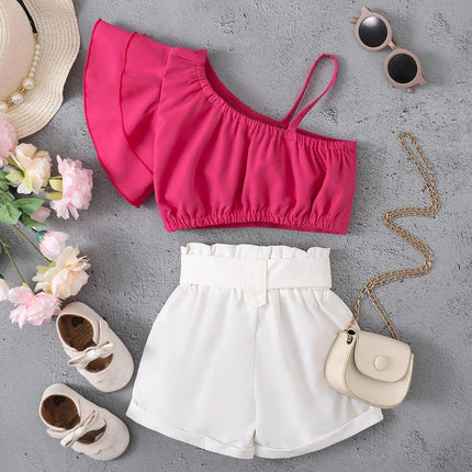 Top e shorts de manga comprida de ombro único, conjunto casual de 2 peças, shorts plissados, verão