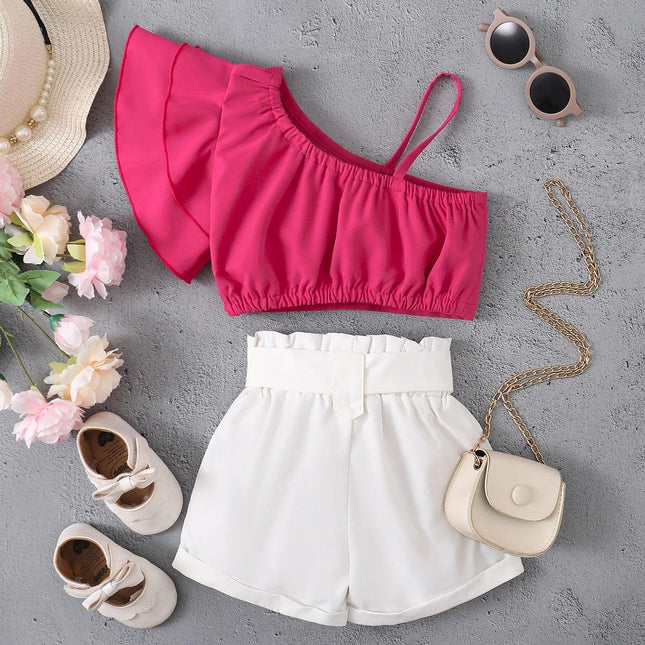 Top e shorts de manga comprida de ombro único, conjunto casual de 2 peças, shorts plissados, verão