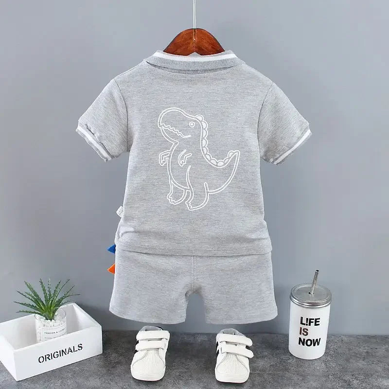 Roupas de verão para bebês meninos de 9 a 12 meses, camisetas com estampa de dinossauro, gola virada para baixo, tops e shorts, 2 peças, conjuntos de roupas infantis