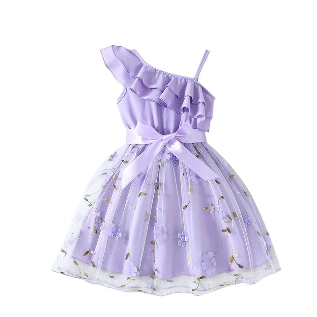 Vestido bordado com babados para crianças, Vestidos de princesa floral sem mangas, Vestido de aniversário para bebês, 2 a 7 anos