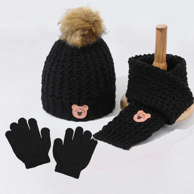 Kids Hat Scarf and Snow Gloves Set, Malha, Quente, Macio, Ao ar livre, Meninos, Meninas, Crianças, Inverno, 3pcs