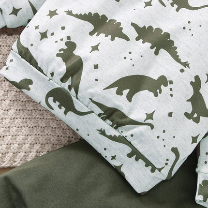 Top de manga comprida de duas peças e calça verde exército, confortável, padrão dinossauro, bebê menino esportes lazer, primavera e outono