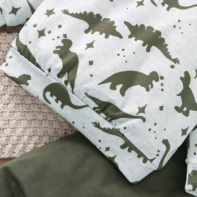 Top de manga comprida de duas peças e calça verde exército, confortável, padrão dinossauro, bebê menino esportes lazer, primavera e outono