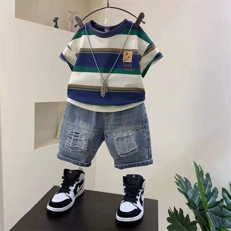 Meninos Verão 2023 New Boutique Design Outfits Algodão Set Baby Boys Camisa de Manga Curta Jeans Shorts 2pcs Vestuário Crianças 6 7 8Y