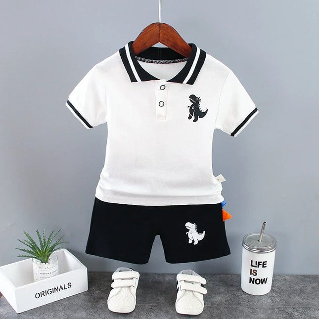 Baby Boys Dinosaur Printed Clothes Set, Kids Outfits, Turn-Down Collar, T-shirts, Tops, Shorts, Conjuntos de roupas infantis, terno de verão, 2pcs