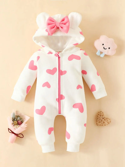 Romper de manga comprida grossa para bebês com chapéu e zíper, desgaste exterior quente, arco bonito, comprimento, amor, inverno