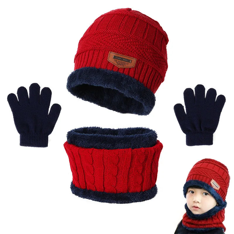 Inverno Chapéu Cachecol e Luvas Set Plush Warmer Crianças Chapéu De Malha Bebê Meninos Gorros Cap Neck Scarf Glove Suit Para Crianças Accessori