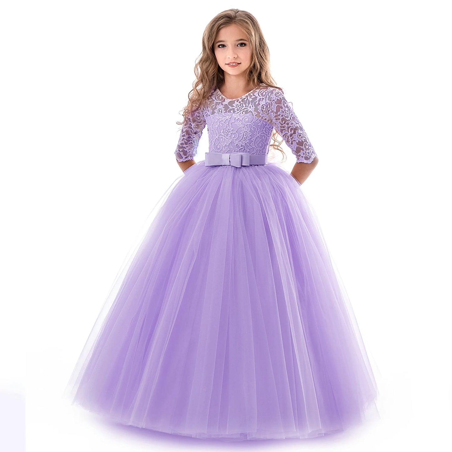 Girls 'Long Lace Prom Gowns, Vestidos de dama de honra para crianças, Adolescentes Girl Party Dress, Princesa Evening Vestido De Noiva Formal