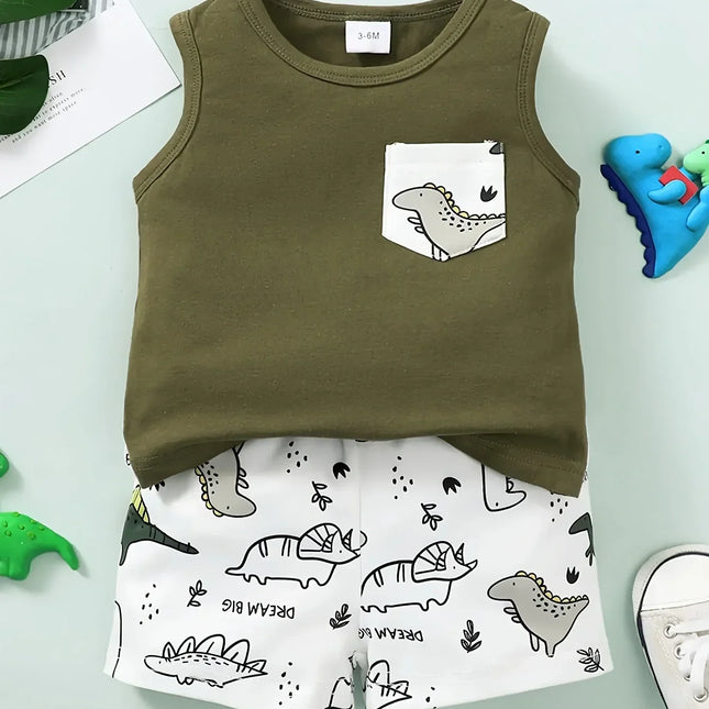 Verão legal 0-2 anos de idade meninos dinossauro estampas sem mangas casual terno de duas peças