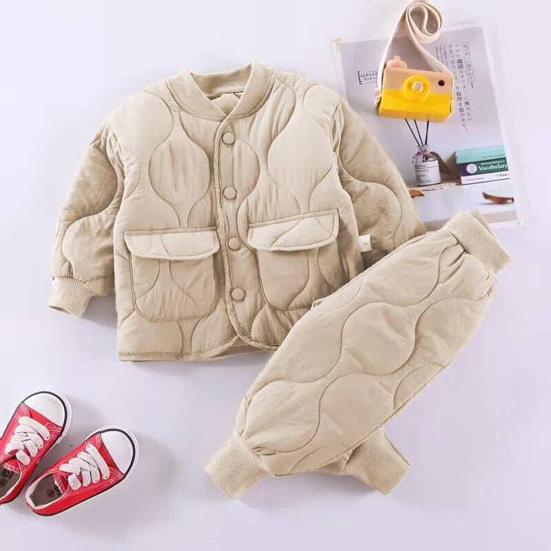 Conjunto de calças e jaqueta grossa infantil, clipe de algodão, top, roupas de menino, versão coreana, inverno