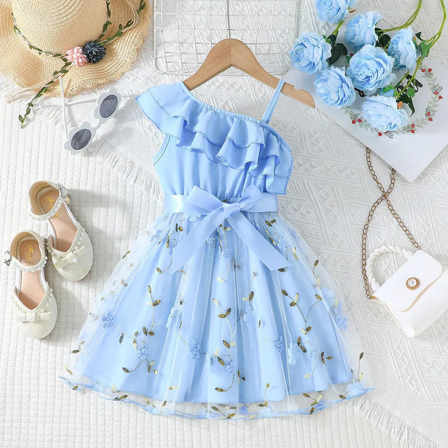 Vestido bordado com babados para crianças, Vestidos de princesa floral sem mangas, Vestido de aniversário para bebês, 2 a 7 anos