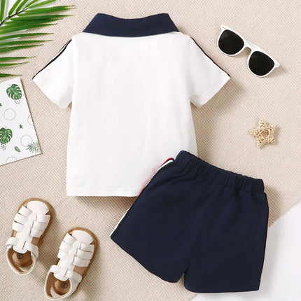 Camisa polo frontal de manga curta, manga curta, shorts casuais confortáveis, shorts listrados confortáveis, 6-36M, conjunto 2 pcs
