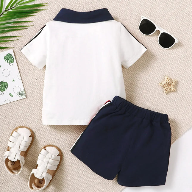 Camisa polo frontal de manga curta, manga curta, shorts casuais confortáveis, shorts listrados confortáveis, 6-36M, conjunto 2 pcs