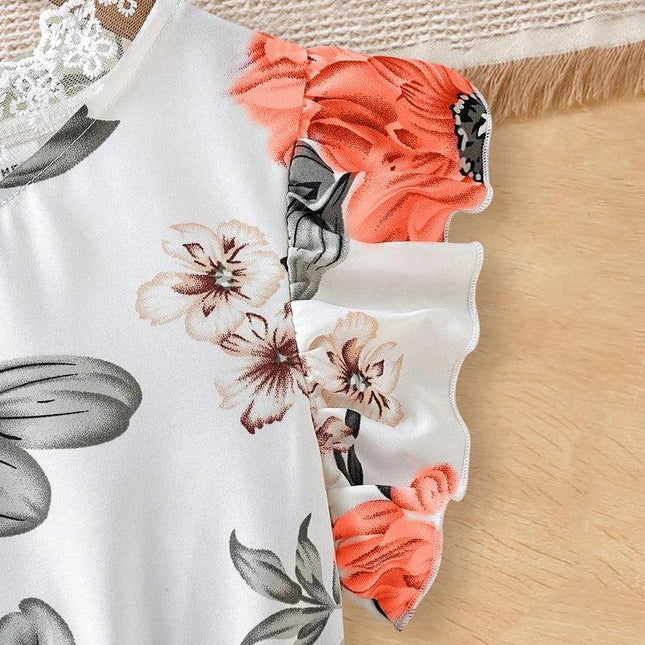 Vestido feminino charmoso com babados florais – decote delicado, mangas esvoaçantes, roupa elegante de verão para aventuras elegantes