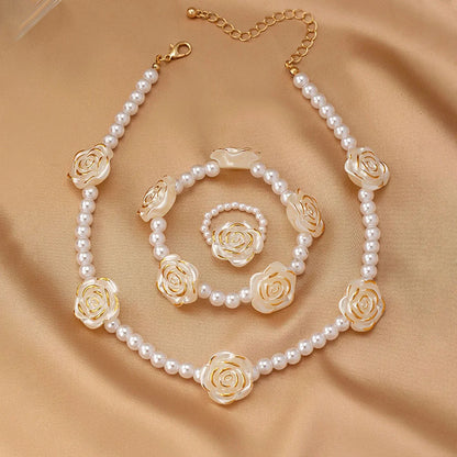 3 pçs conjunto pérola efeito rosa charme imitação de pérola colar pulseira brinco conjunto coração pingente colar conjunto de jóias presente