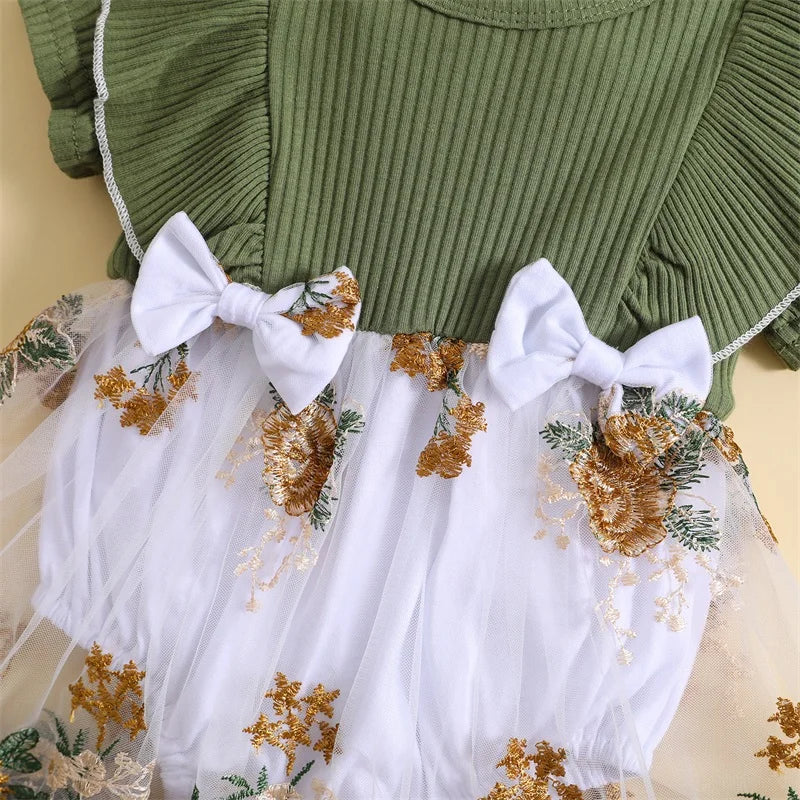 Vestido de Romper Infantil Bebê Recém-nascido, Bordado De Flores, Malha Rib Ruffles, Macacão Gola Tripulação, Bodysuit Verão, Arco Headband