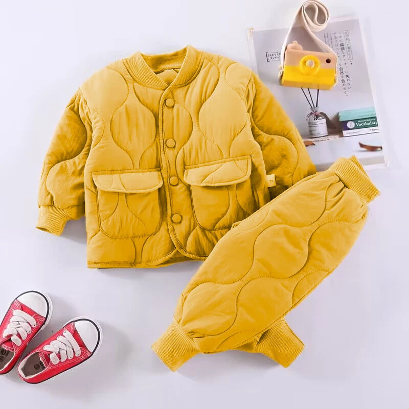 Conjunto de calças e jaqueta grossa infantil, clipe de algodão, top, roupas de menino, versão coreana, inverno