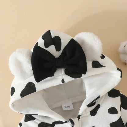 Bebê vaca bonito com capuz manga comprida Onesie, menino e menina Onesie, Zipper Warm Out Wear, casaco com arco, macacão de bebê