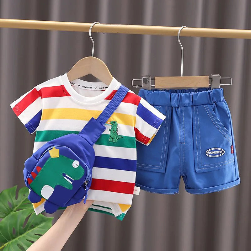 Verão bonito dos desenhos animados dinossauro moda crianças o-pescoço camiseta + shorts saco da criança do bebê meninos meninas roupas conjunto novas crianças agasalhos