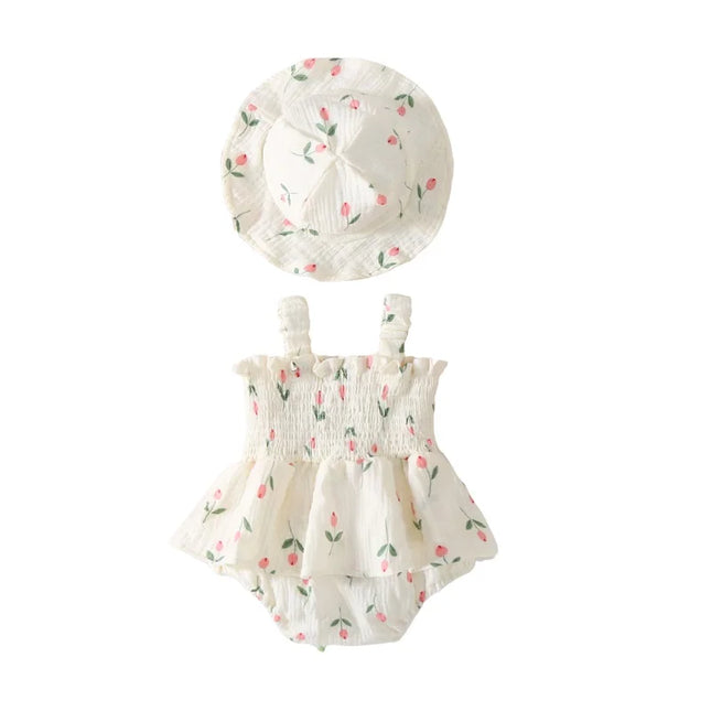 Vestidinho Floral com Lastex + Chapéu de Sol 🌼👒