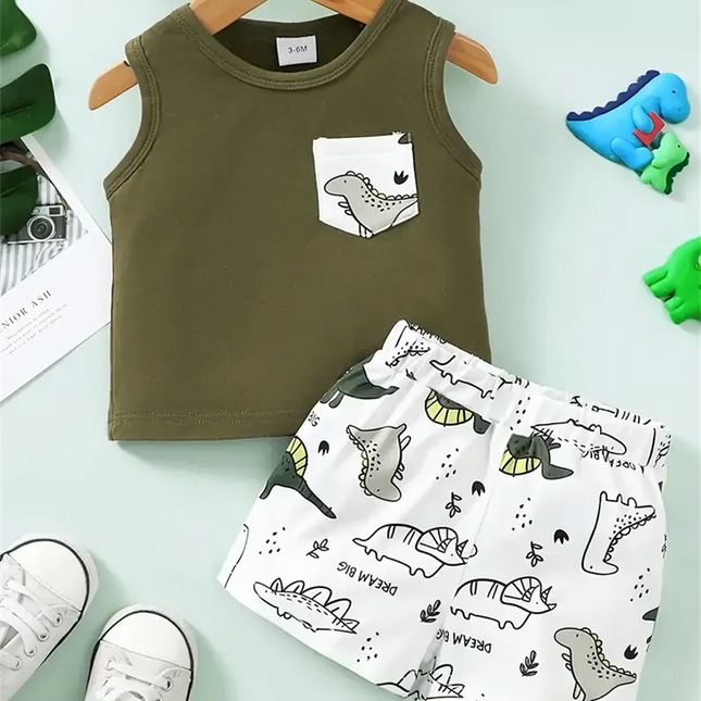 Verão legal 0-2 anos de idade meninos dinossauro estampas sem mangas casual terno de duas peças