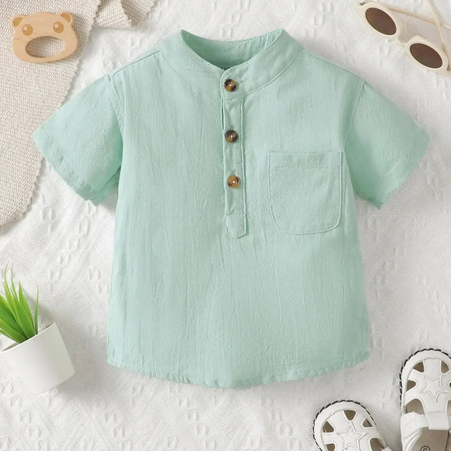 Bebê meninos manga curta Stand colar bolso t-shirt, top verde menta, vento parcial formal, bolso fresco pequeno, verão