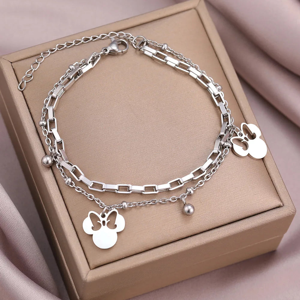 Disney-Mickey Mouse Head Charm Bracelets para Mulheres e Meninas, Acessórios de Mão, Joias, Desenhos Animados, Bonitos