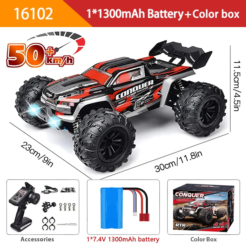 Carro com controle remoto LED para crianças, 1:16, 70 kph ou 50 kph, 4WD, monstro de alta velocidade Drift, caminhão 4x4, Wltoys 144001 Brinquedos