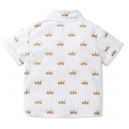 Camisa estampada coroa com laço e cinto de couro para meninos, roupa formal infantil, conjunto de roupas de festa de aniversário, verão, 1, 2, 3, 4, 5, 6 anos