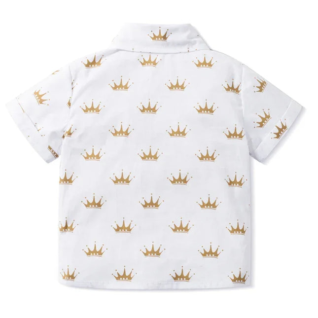 Camisa estampada coroa com laço e cinto de couro para meninos, roupa formal infantil, conjunto de roupas de festa de aniversário, verão, 1, 2, 3, 4, 5, 6 anos