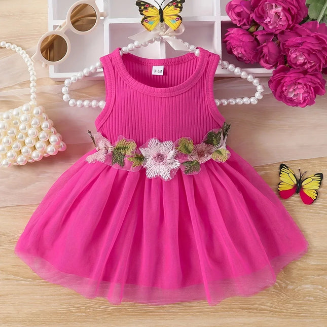 Vestido de cintura sem mangas para bebês, Flower Patchwork, Mesh Sweet, Verão