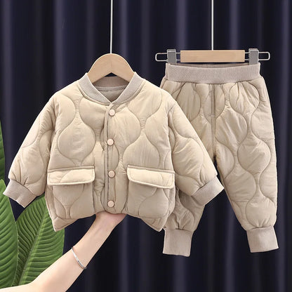 Conjunto de calças e jaqueta grossa infantil, clipe de algodão, top, roupas de menino, versão coreana, inverno