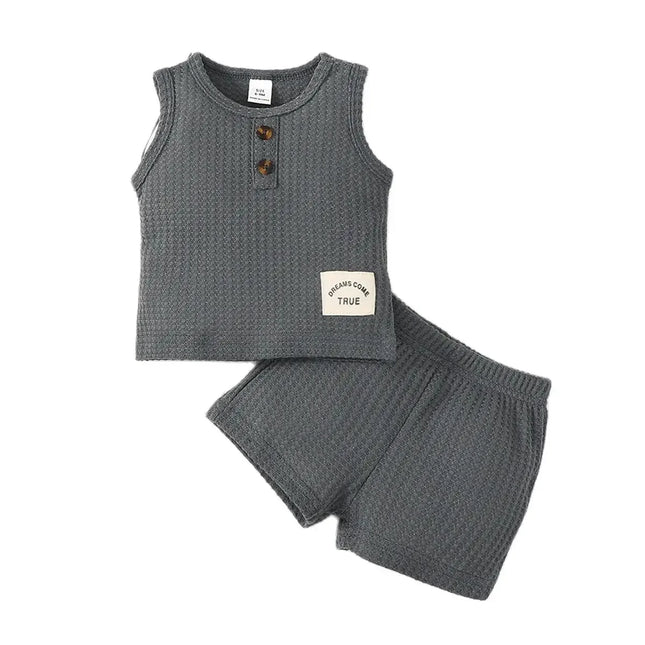 Top sem mangas e shorts para bebê menino, conjunto de roupas de cor sólida, roupas esportivas diárias, roupas legais para criança, 1 a 3 anos, 2 peças, verão
