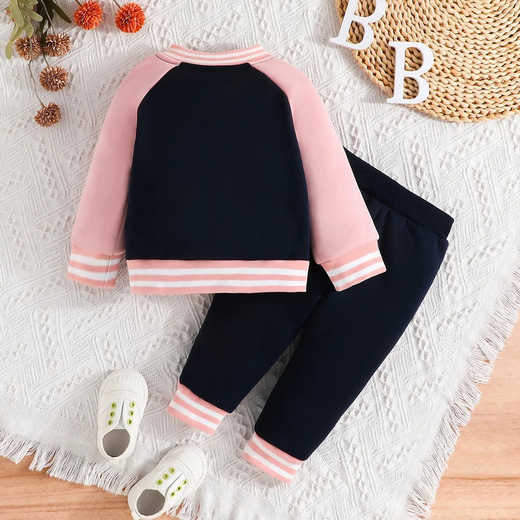 Uniforme de Beisebol Menina de Manga Longa, Jaqueta de botões, Casaco e Calça, Roupa Rosa, Conjunto Infantil, 6 Meses, 3 Anos