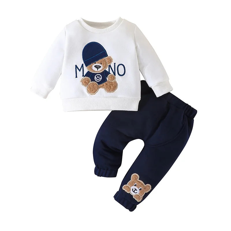 Casual Cartoon Urso Manga Longa Camiseta e Calças Navy Outfit, Conjunto de Roupas Infantis, Kids Wear, Criança Terno, 3-24 meses