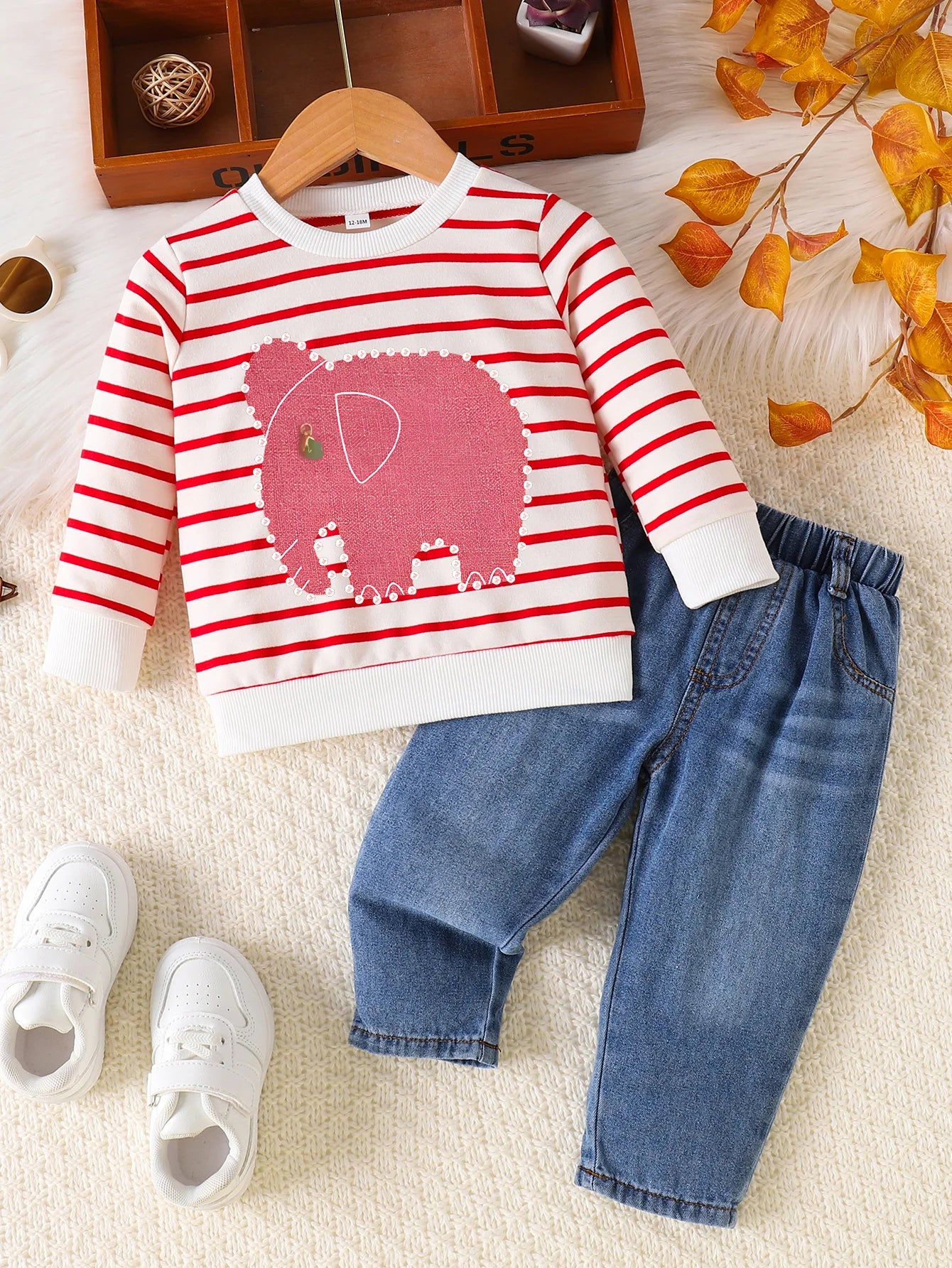 Conjunto de listras de elefantes para meninos e meninas, casual bonito estampado jeans, 0-24 meses, novo, primavera, outono