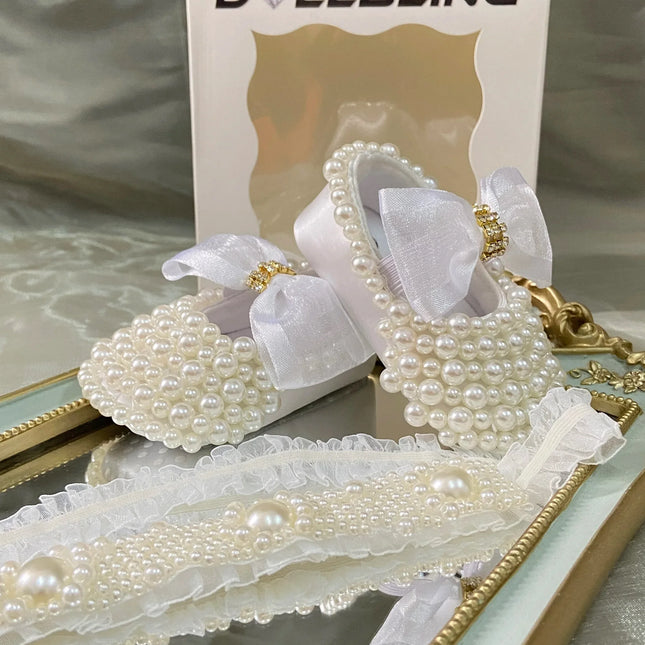 Dollbling Handmade Pérolas Brancas Berço Sapatos, Bling Rhinestone, Roupa de batismo, Wedding Sparkle, Organza, Batismo, 0-3m