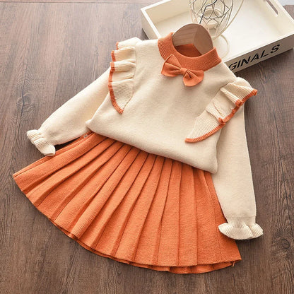 Vestido de malha de mangas compridas feminino, terno princesa e saia, roupas infantis, roupas casuais, camisola de inverno, terno infantil, 2 peças