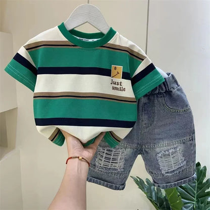 Meninos Verão 2023 New Boutique Design Outfits Algodão Set Baby Boys Camisa de Manga Curta Jeans Shorts 2pcs Vestuário Crianças 6 7 8Y