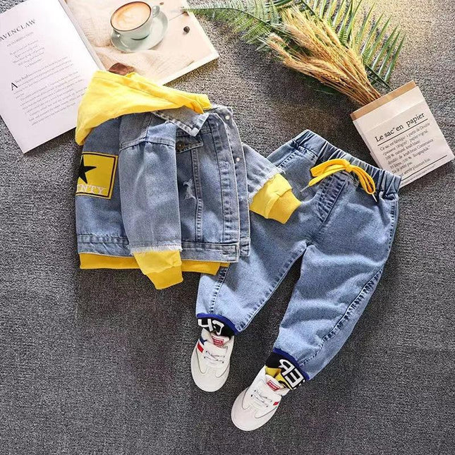 Conjunto jeans de duas peças para meninos, jeans bonito, jaqueta versão coreana, moda, primavera e outono, novo, 2024