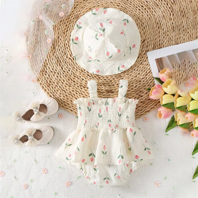 Vestidinho Floral com Lastex + Chapéu de Sol 🌼👒