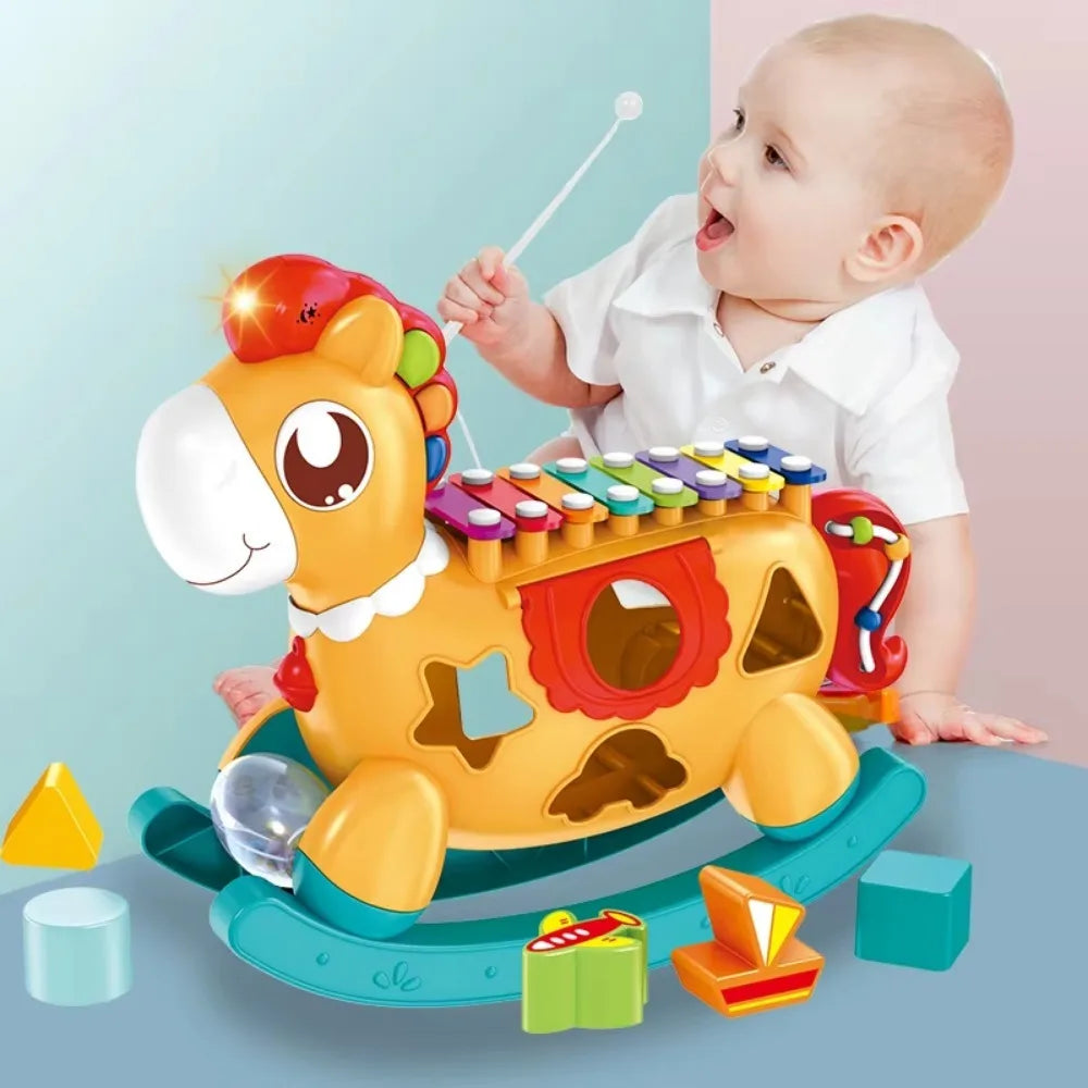 Baby Educational Pony Toy, forma de xilofone, classificador com luzes, música animal Piano, brinquedos interativos para crianças e crianças, 5 em 1