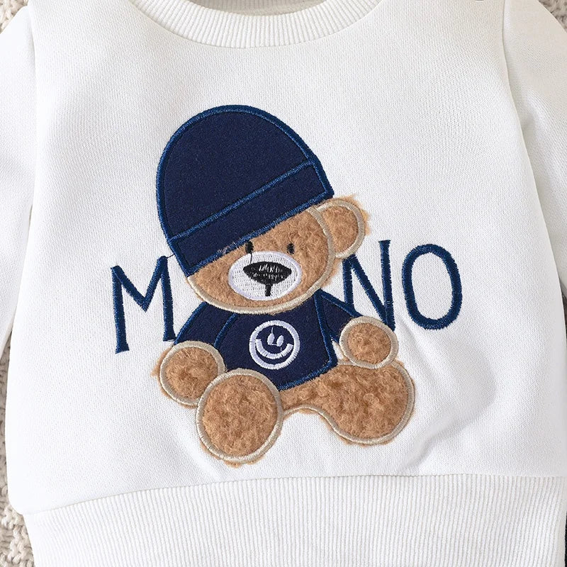 Casual Cartoon Urso Manga Longa Camiseta e Calças Navy Outfit, Conjunto de Roupas Infantis, Kids Wear, Criança Terno, 3-24 meses