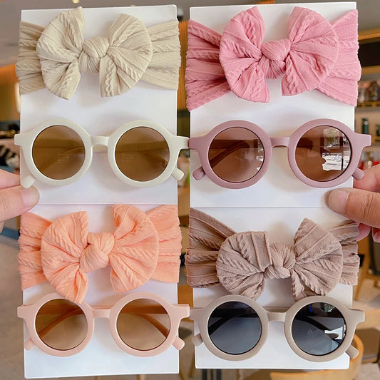 Wide Hairband Round Sunglasses para crianças, cor sólida, algodão bowknot, bebê meninas, acessórios para cabelo infantil, novo, 2 pcs por conjunto