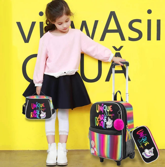 Mochila escolar com rodas para crianças, Rolling Bag with Wheels, Trolley Satchel para meninas