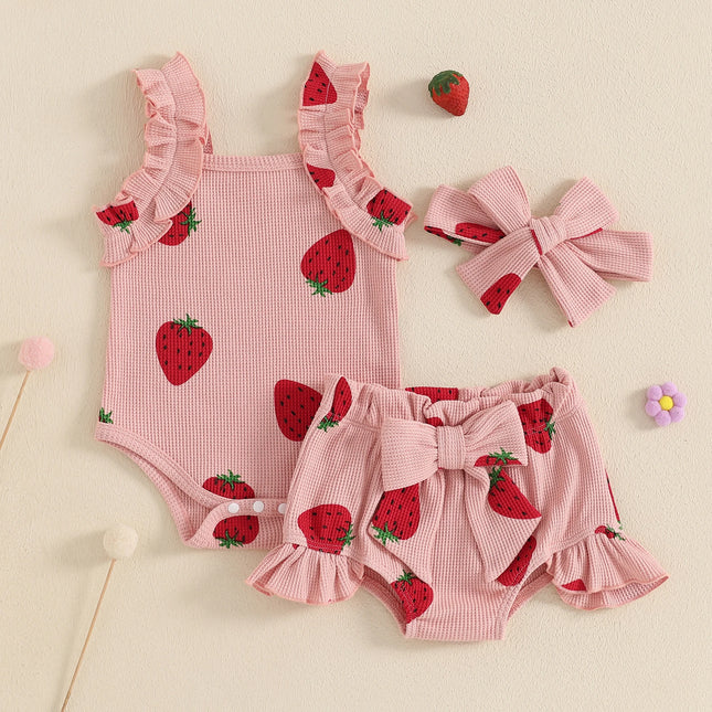 Macaquinho com Laço/Moranguinho + Shorts com Babado + Faixa 🍓