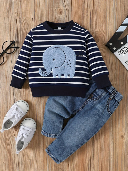 Conjunto de listras de elefantes para meninos e meninas, casual bonito estampado jeans, 0-24 meses, novo, primavera, outono