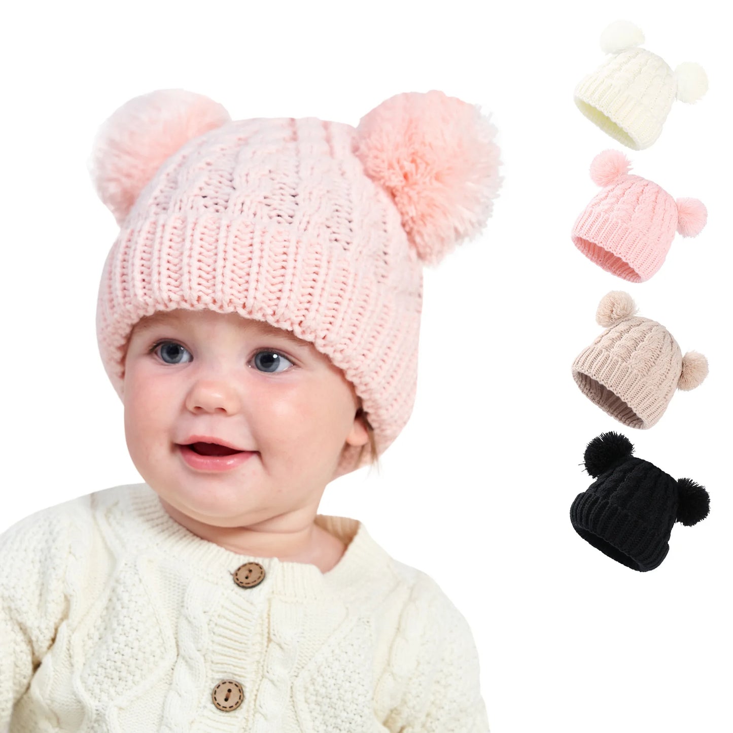 Bonitos Pompoms Knit Chapéus para Bebés, Beanie Bonnet, Acessórios Recém-nascidos, Toddler Warmer Stuff, Kids 'Cap, Solid, Autumn, Winter