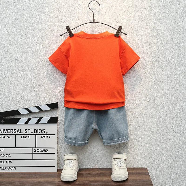 Desenhos animados de camiseta esportiva e shorts jeans rasgados para bebês, roupas infantis, roupas casuais, roupas de verão, novas