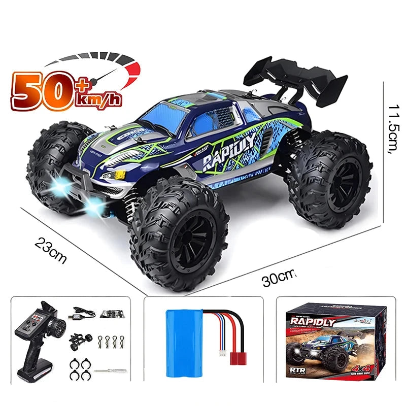 Carro com controle remoto LED para crianças, 1:16, 70 kph ou 50 kph, 4WD, monstro de alta velocidade Drift, caminhão 4x4, Wltoys 144001 Brinquedos